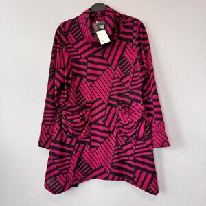 Damee XL Tunic Top Fuchsia Black Geometric Stripe Cowl Neck Sharkbite NWT 9012